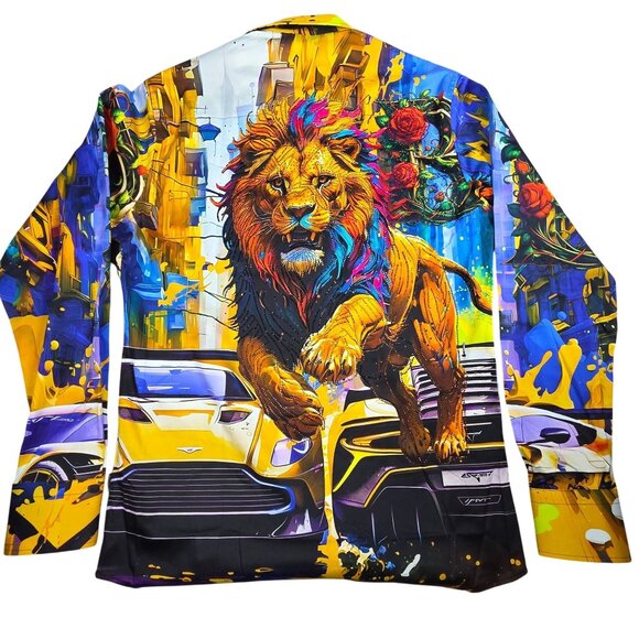 Barabas Mens Small Multicolor Vibrant Lion & Roses Graphic Button-Up Shirt - Picture 4 of 9